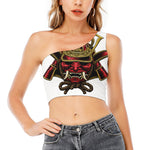 Japanese Samurai Helmet Print One Shoulder Crop Top