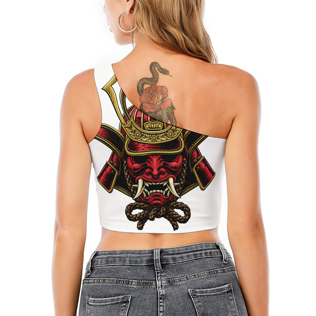 Japanese Samurai Helmet Print One Shoulder Crop Top
