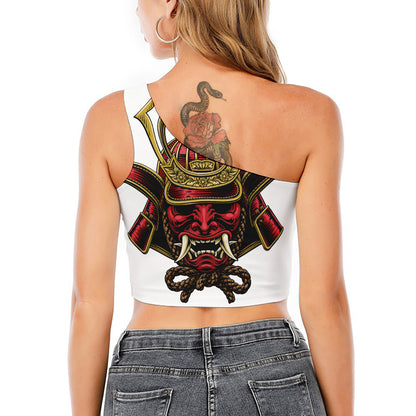 Japanese Samurai Helmet Print One Shoulder Crop Top