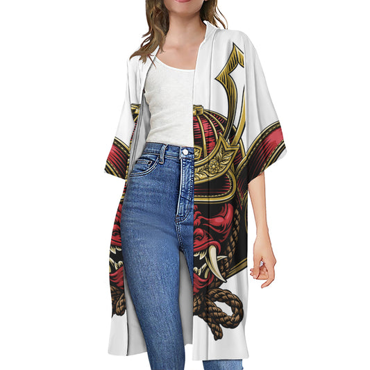 Japanese Samurai Helmet Print Open Front Beach Cover Up