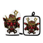 Japanese Samurai Helmet Print Oven Mitt And Pot Holder Set