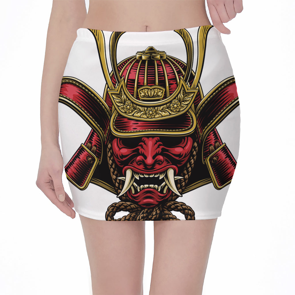 Japanese Samurai Helmet Print Pencil Mini Skirt