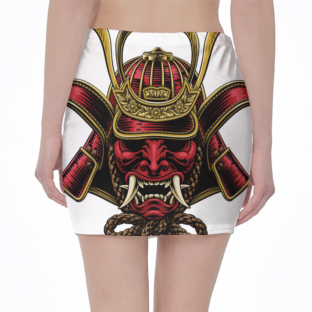 Japanese Samurai Helmet Print Pencil Mini Skirt