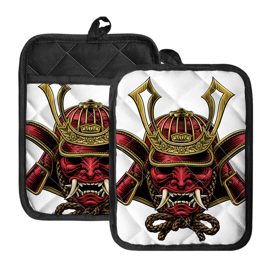 Japanese Samurai Helmet Print Pot Holders With Pocket