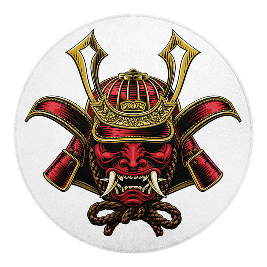 Japanese Samurai Helmet Print Round Blanket