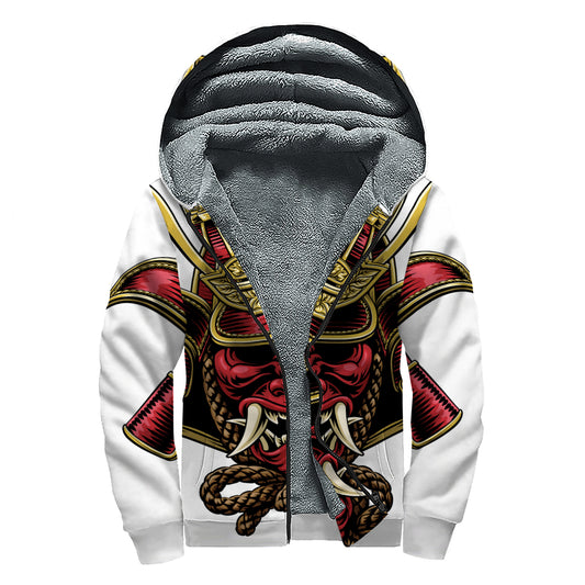 Japanese Samurai Helmet Print Sherpa Lined Zip Up Hoodie