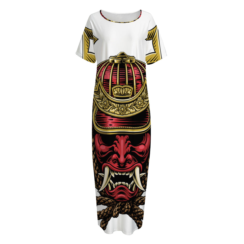 Japanese Samurai Helmet Print Short Sleeve Long Nightdress