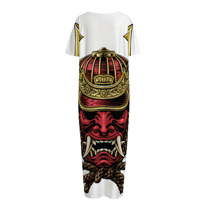 Japanese Samurai Helmet Print Short Sleeve Long Nightdress
