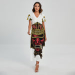 Japanese Samurai Helmet Print Short Sleeve Maxi Dress