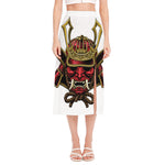 Japanese Samurai Helmet Print Side Slit Midi Skirt