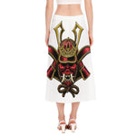 Japanese Samurai Helmet Print Side Slit Midi Skirt
