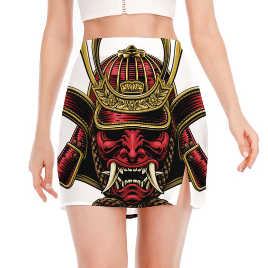 Japanese Samurai Helmet Print Side Slit Mini Skirt