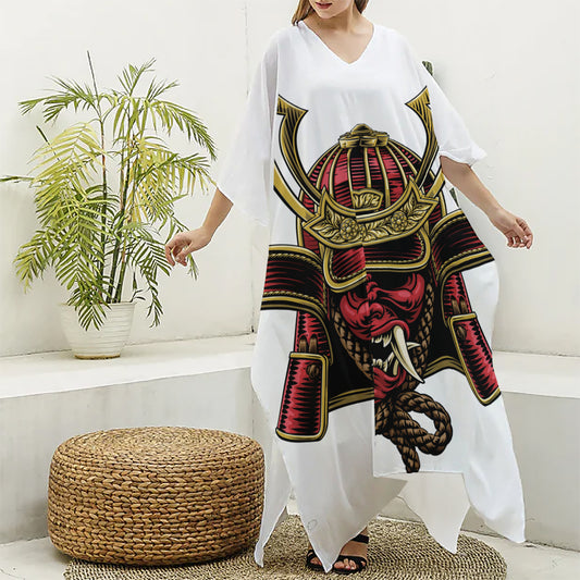 Japanese Samurai Helmet Print Silk V-Neck Kaftan Dress