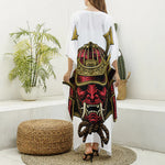 Japanese Samurai Helmet Print Silk V-Neck Kaftan Dress