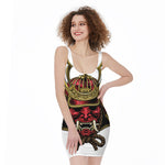 Japanese Samurai Helmet Print Sleeveless Bodycon Dress