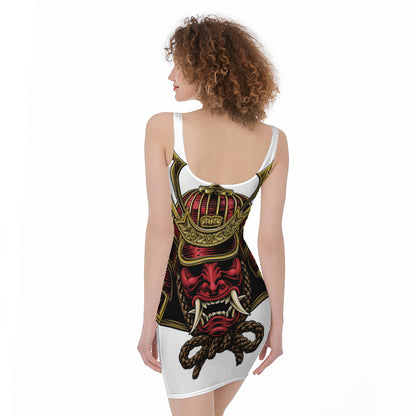Japanese Samurai Helmet Print Sleeveless Bodycon Dress