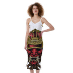 Japanese Samurai Helmet Print Slim Fit Midi Cami Dress