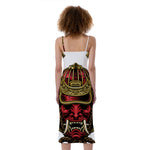 Japanese Samurai Helmet Print Slim Fit Midi Cami Dress