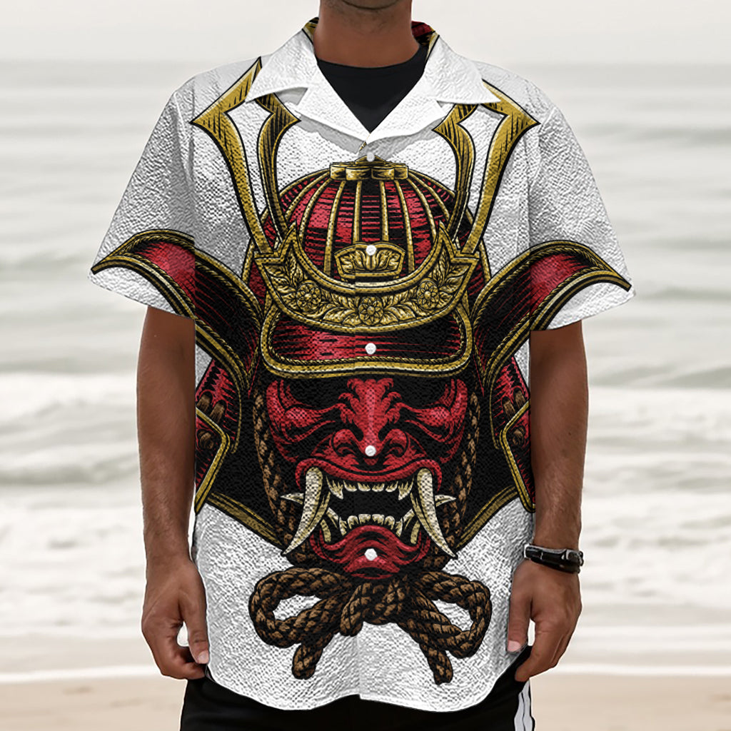 Japanese Samurai Helmet Print Textured Short Sleeve Shirt