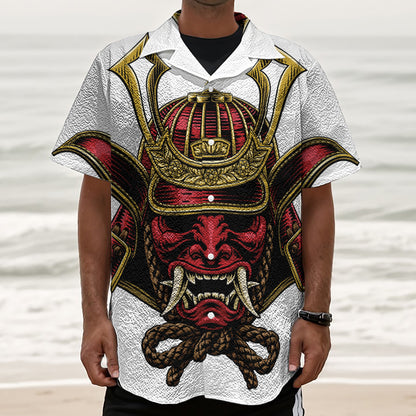 Japanese Samurai Helmet Print Textured Short Sleeve Shirt