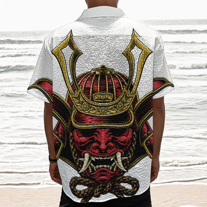 Japanese Samurai Helmet Print Textured Short Sleeve Shirt