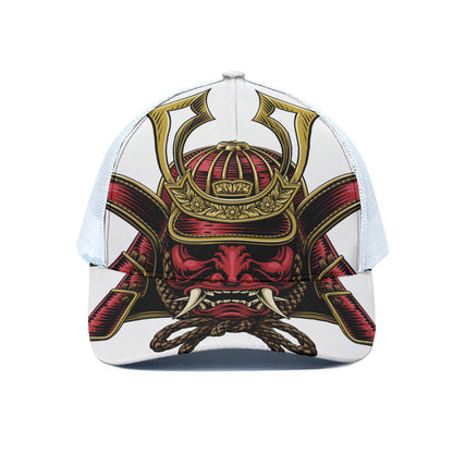 Japanese Samurai Helmet Print White Mesh Trucker Cap