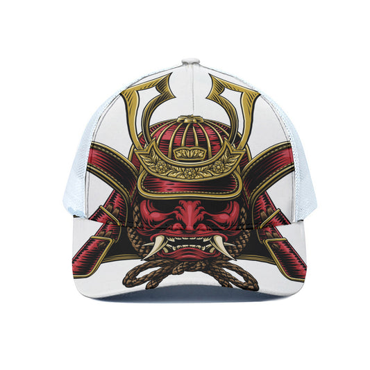 Japanese Samurai Helmet Print White Mesh Trucker Cap