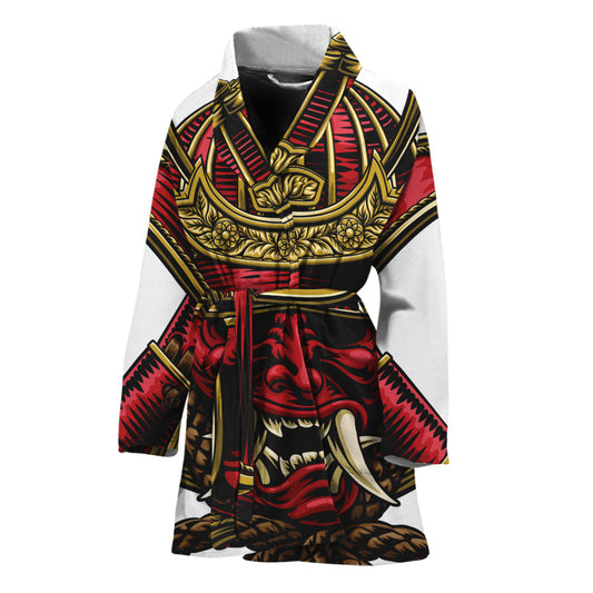 Japanese Samurai Helmet Print Women's Bathrobe