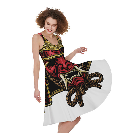Japanese Samurai Helmet Print Women's Sleeveless Dress
