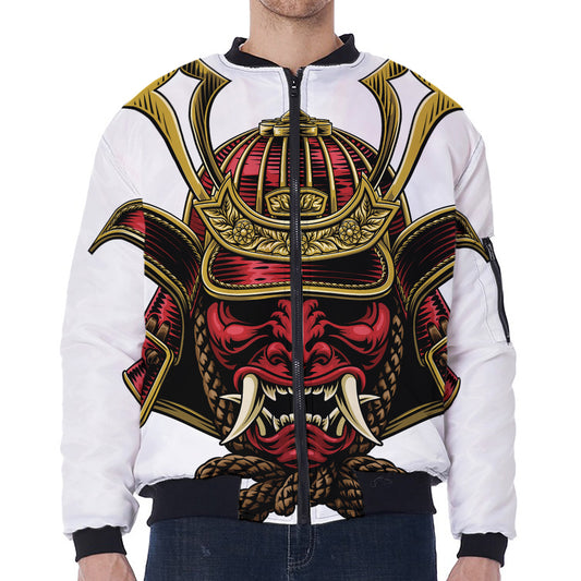 Japanese Samurai Helmet Print Zip Sleeve Bomber Jacket