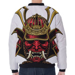 Japanese Samurai Helmet Print Zip Sleeve Bomber Jacket