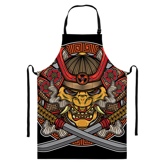 Japanese Samurai Mask Print Bib Apron With Pocket