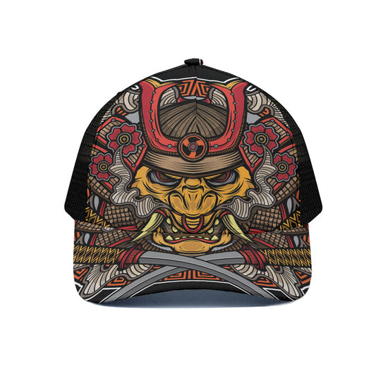 Japanese Samurai Mask Print Black Mesh Trucker Cap