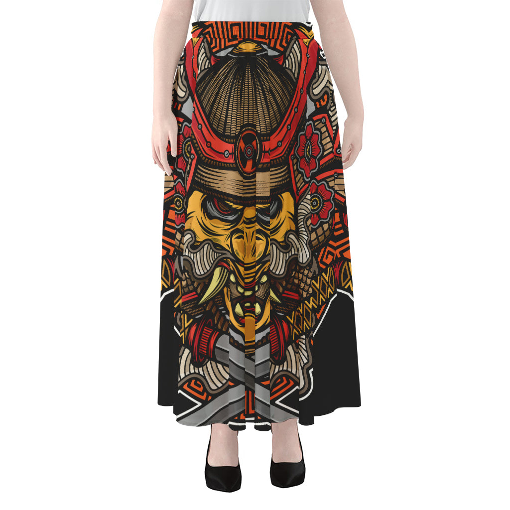 Japanese Samurai Mask Print Chiffon Maxi Skirt