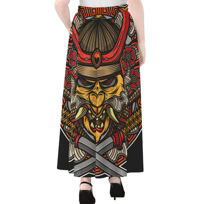 Japanese Samurai Mask Print Chiffon Maxi Skirt