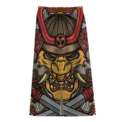 Japanese Samurai Mask Print Cotton Front Slit Maxi Skirt