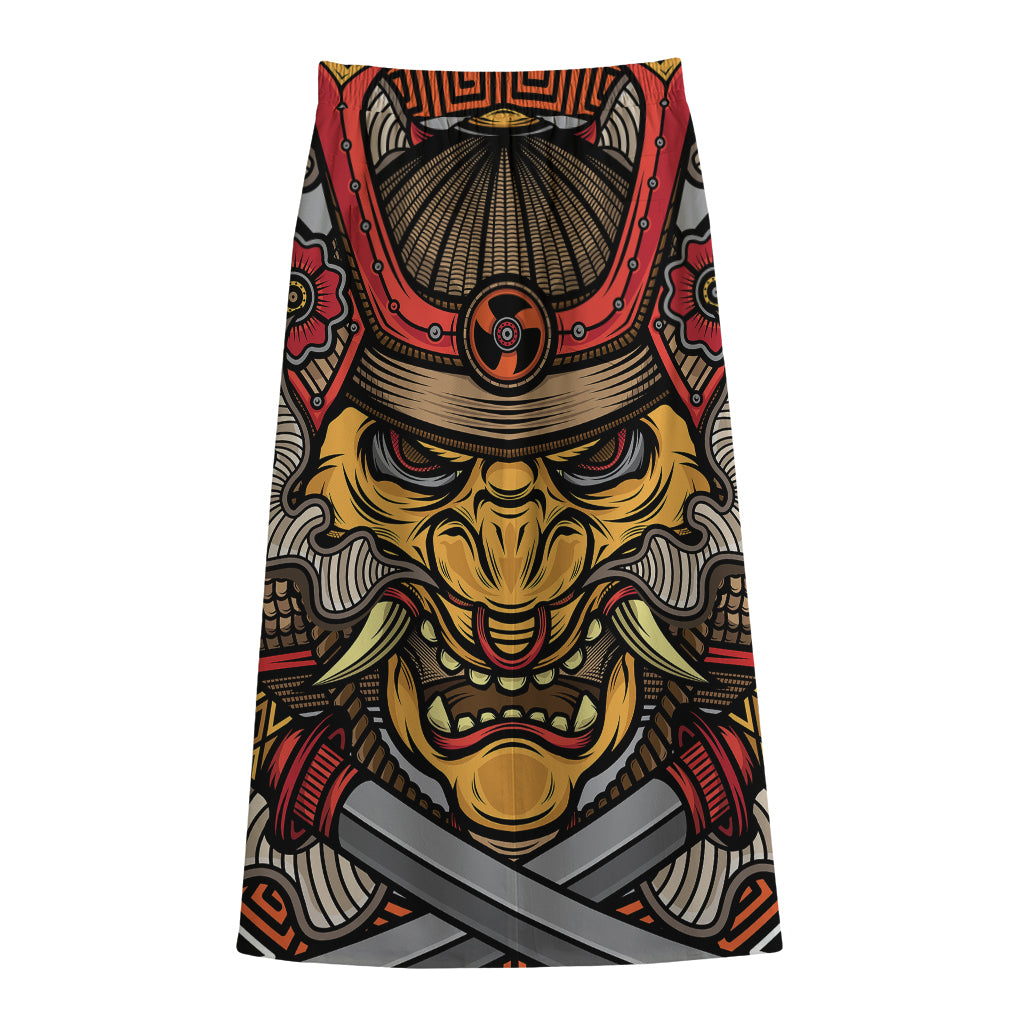 Japanese Samurai Mask Print Cotton Front Slit Maxi Skirt