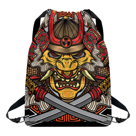 Japanese Samurai Mask Print Drawstring Backpack