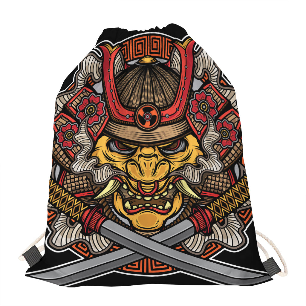 Japanese Samurai Mask Print Drawstring Bag