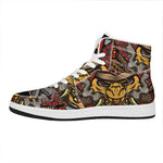 Japanese Samurai Mask Print High Top Leather Sneakers