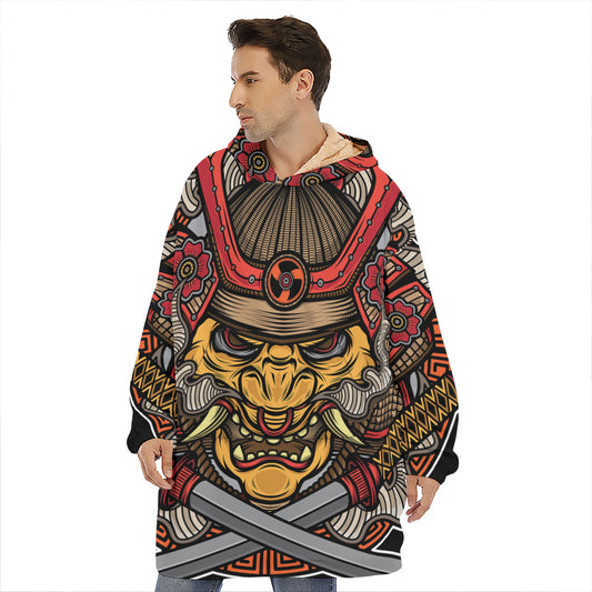 Japanese Samurai Mask Print Hoodie Blanket