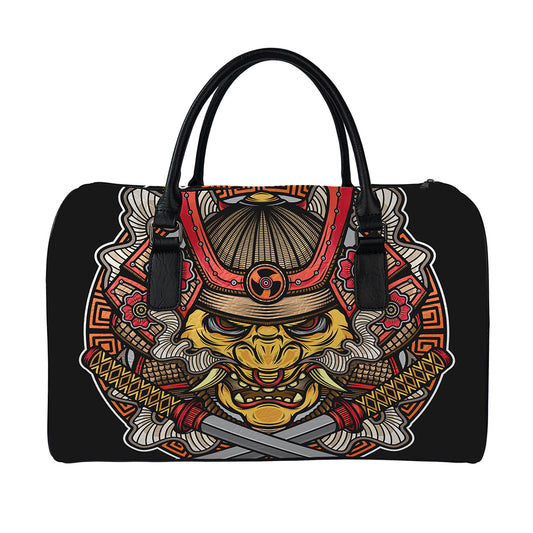 Japanese Samurai Mask Print Leather Duffle Bag