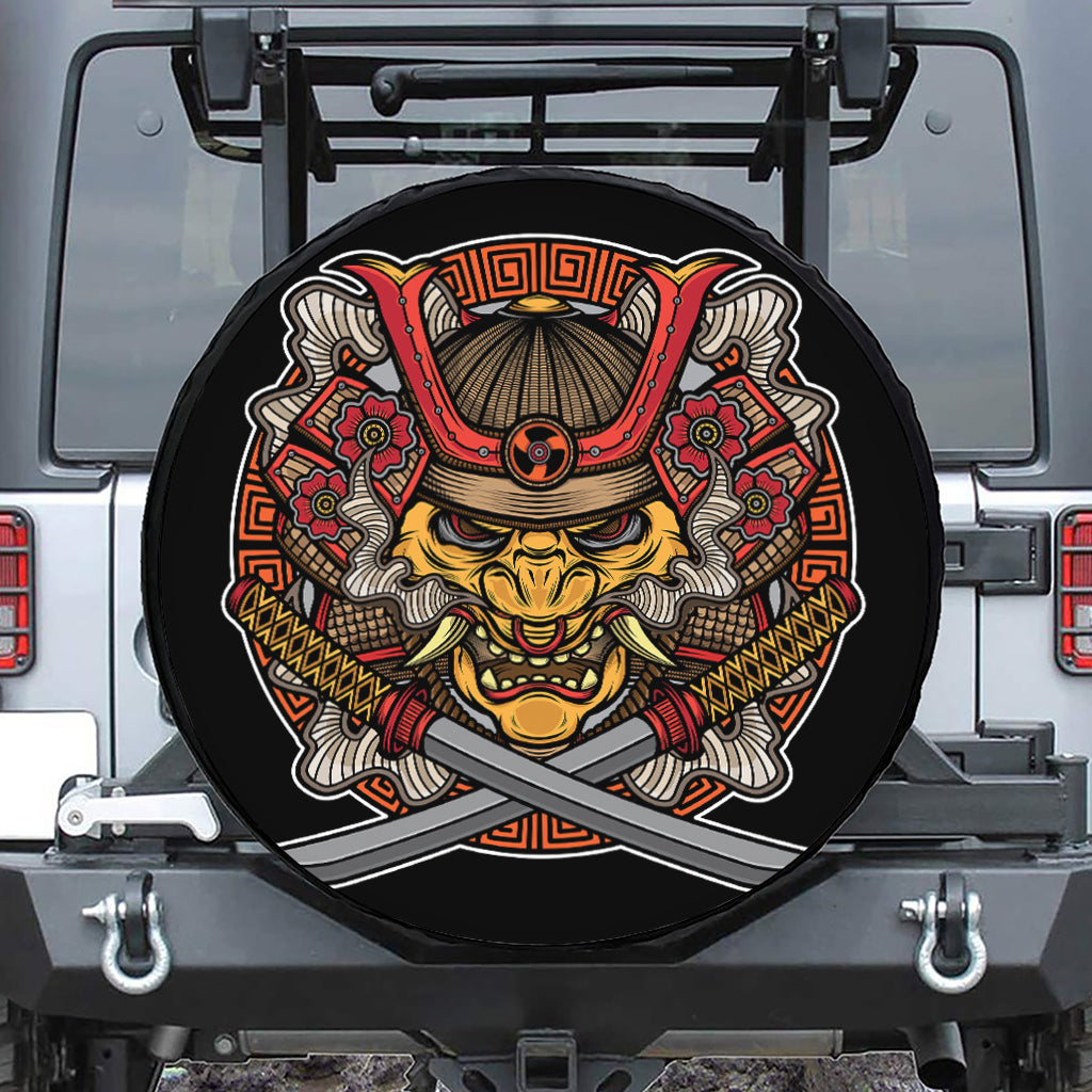 Japanese Samurai Mask Print Leather Spare Tire Cover