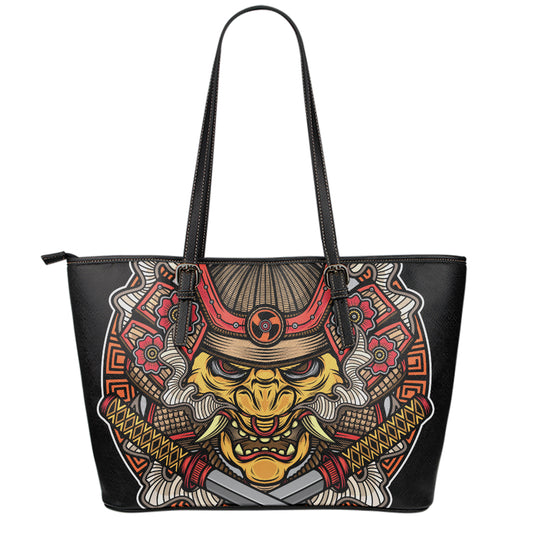 Japanese Samurai Mask Print Leather Tote Bag
