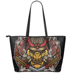 Japanese Samurai Mask Print Leather Tote Bag
