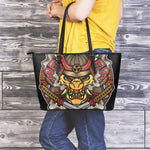 Japanese Samurai Mask Print Leather Tote Bag