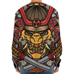 Japanese Samurai Mask Print Long Sleeve Baseball Jersey