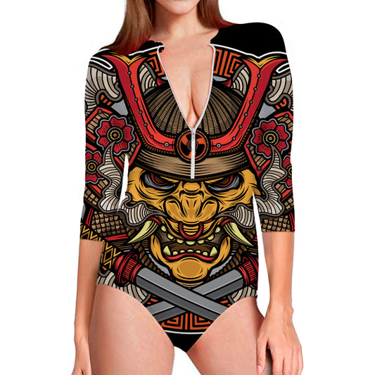 Japanese Samurai Mask Print Long Sleeve Swimsuit