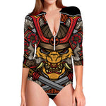Japanese Samurai Mask Print Long Sleeve Swimsuit