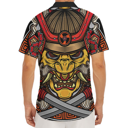 Japanese Samurai Mask Print Men's Deep V-Neck Shirt
